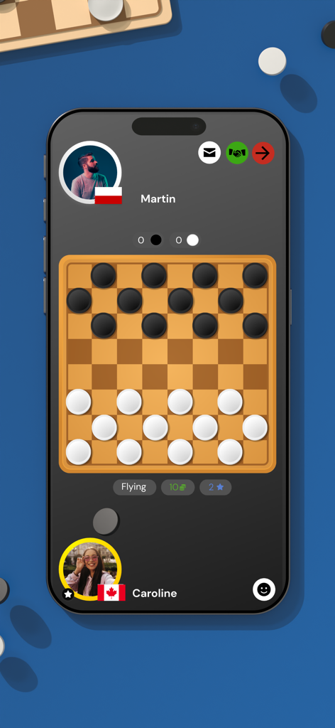 Checkers Online - Dama Game - Partida de damas en línea entre dos jugadores en un tablero de juego clásico de madera