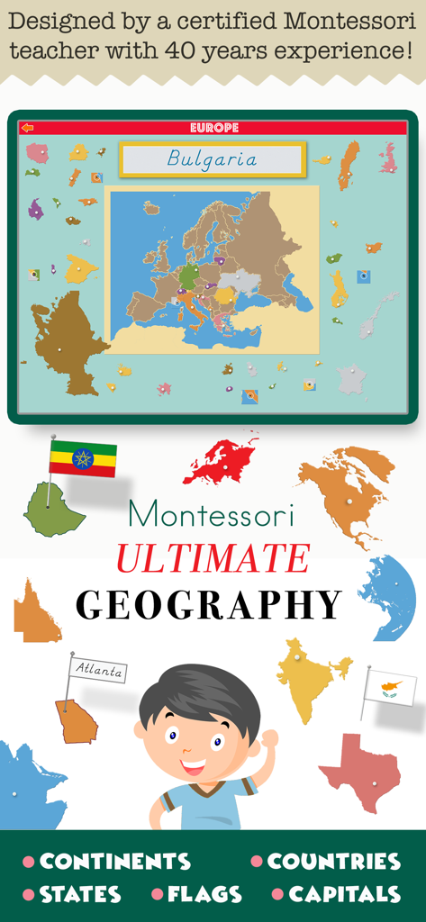 Montessori Ultimate Geography - A child learning geography with the Montessori Ultimate Geography app featuring interactive map puzzles and flags.