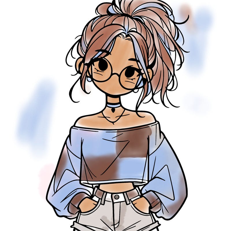 girl with a messy ponytail glasses a baggy crop top and jean shorts