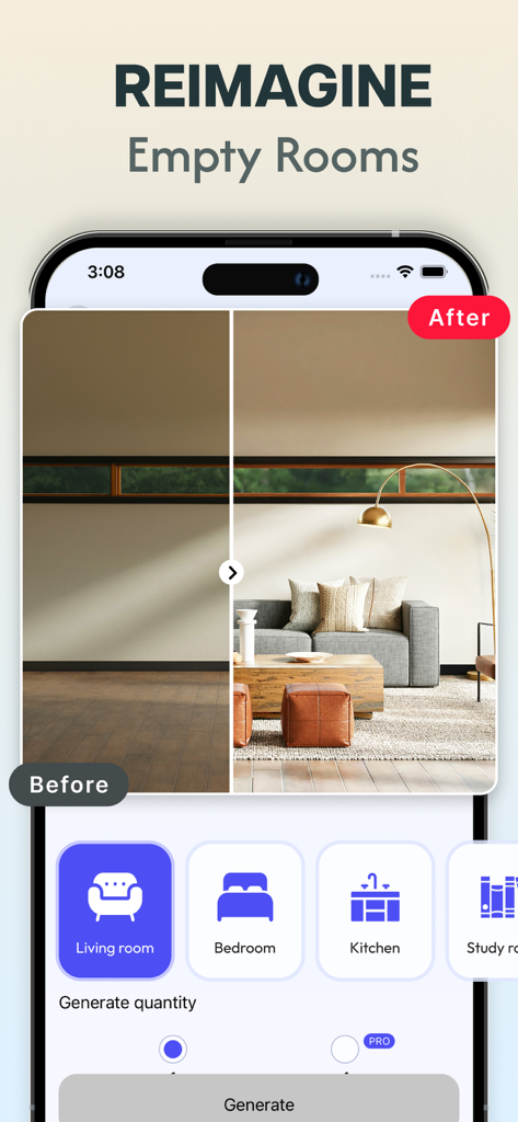 Uma comparação antes e depois mostrando um cômodo vazio transformado em uma sala de estar moderna mobiliada usando IA.
