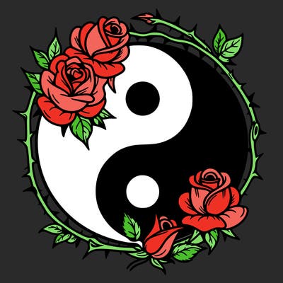 a ying yang with roses and thrones around it