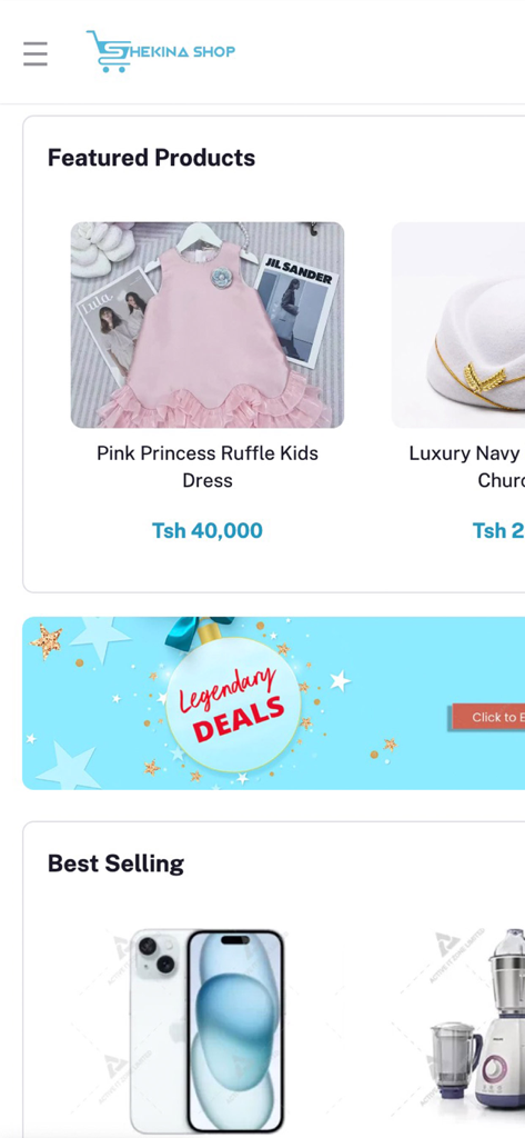 ShekinaShop - ShekinaShop 모바일 앱 홈 화면에 어린이 드레스와 전자 제품 특가 상품을 포함한 추천 상품이 표시됩니다