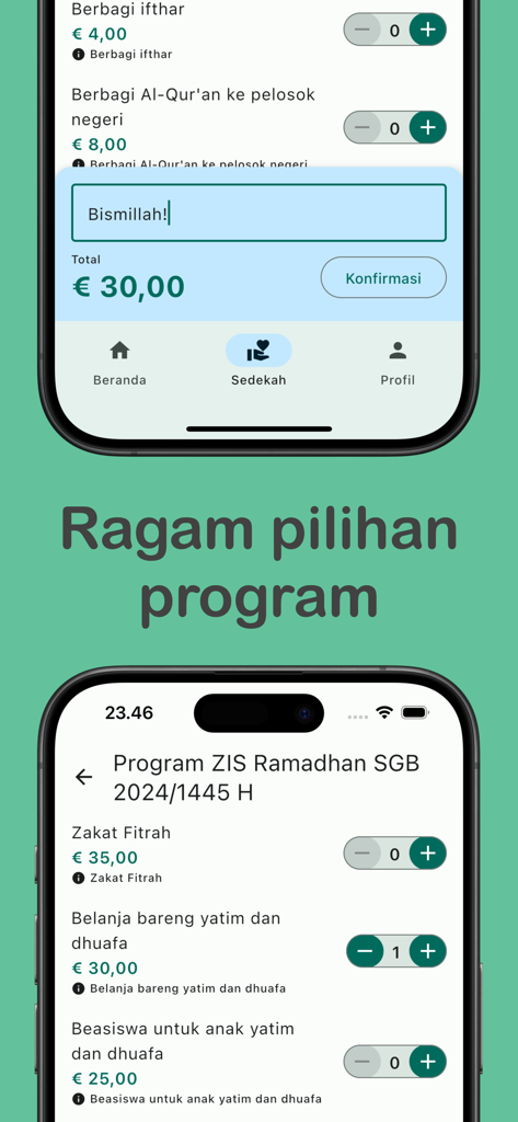 SGB App - SGB App screens showing various Islamic charity and community donation programs in the Indonesian language