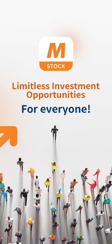 M-STOCK app splash screen featuring the logo and the text Limitless Investment Opportunities For everyone with a crowd of diverse people figures.
