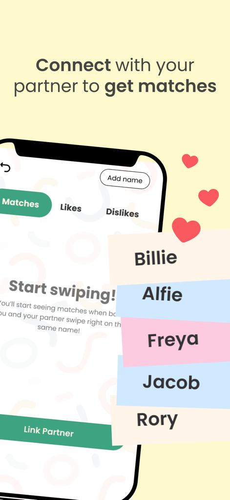 Baby Name Match - Eine mobile Benutzeroberfläche der Baby Name Match App, die den Bildschirm zur Partnerverbindung und eine Liste von Babynamen wie Billie Alfie und Freya zeigt.
