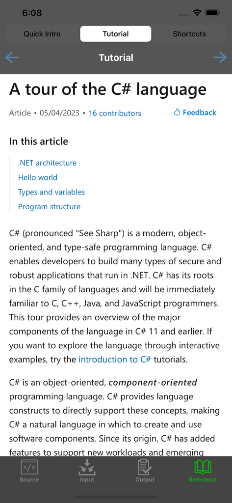 Tutorial screen in the C# Programming Compiler app providing an overview of the C# language