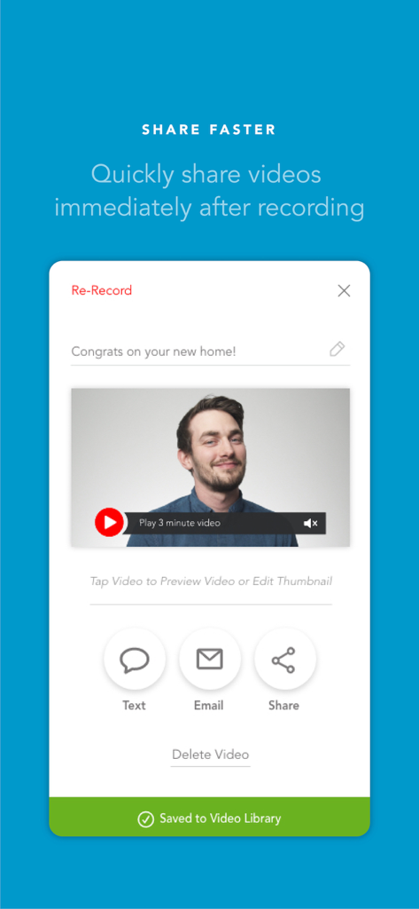 BombBomb - BombBomb app interface showing a recorded video message with options to share via text, email, or social media.