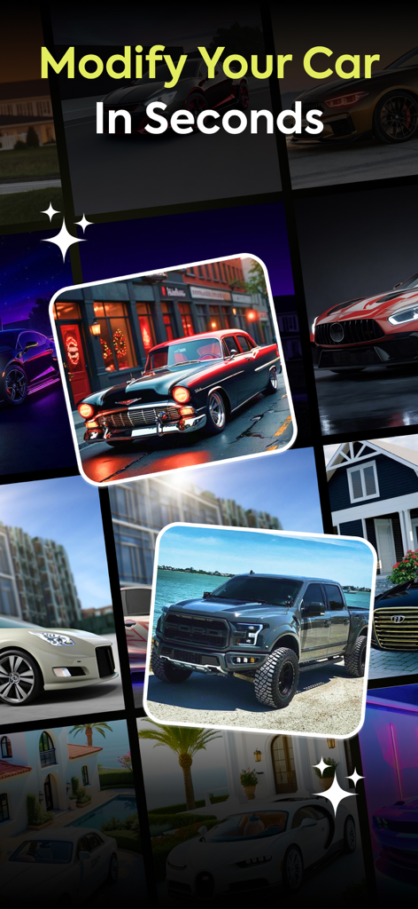 AI Car Designer Modify Style - A collage of various customized vehicles including a classic car and a modified pickup truck with the text Modify Your Car In Seconds