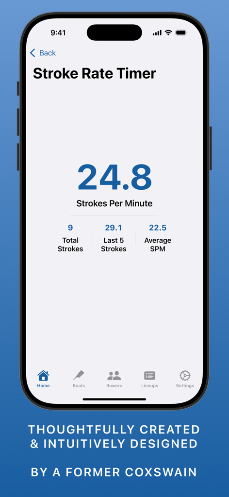 The Rowing App interface showing the Stroke Rate Timer with a reading of 24.8 strokes per minute.
