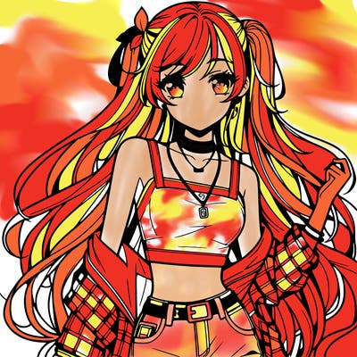 hot anime girl with long hair wearing a crop top and jorts