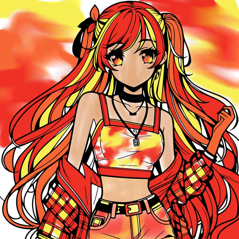 hot anime girl with long hair wearing a crop top and jorts