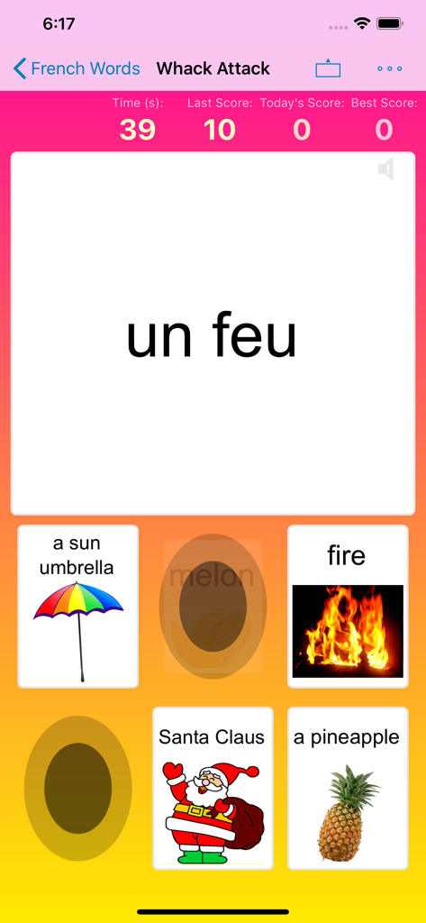 Flashcards by NKO: Flash Cards - Flashcards by NKO Whack Attack gamified study mode featuring French vocabulary