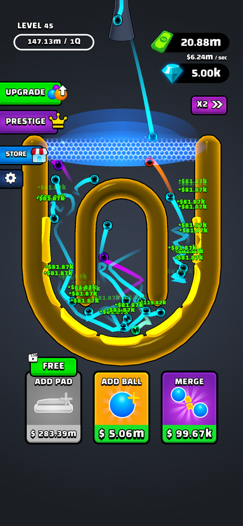 Captura de pantalla del juego Balls Bounce mostrando bolas rebotando en una pista en forma de U y botones de mejora