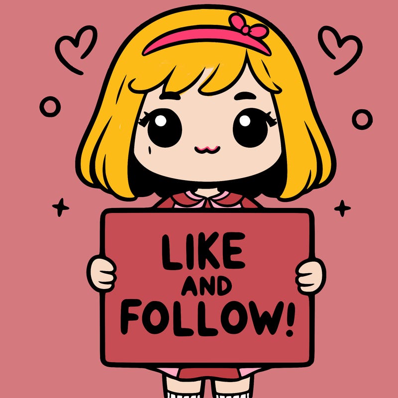 a girl holding a sign that says like and follow!