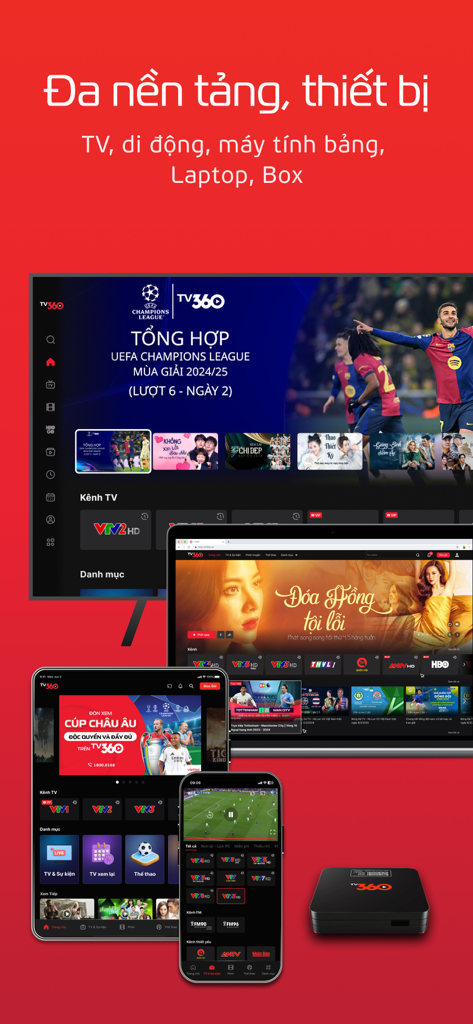 TV360 – Truyền hình trực tuyến - TV360 App-Oberfläche, die auf einem Smart TV, Laptop, Tablet und Smartphone mit einer TV-Box angezeigt wird.