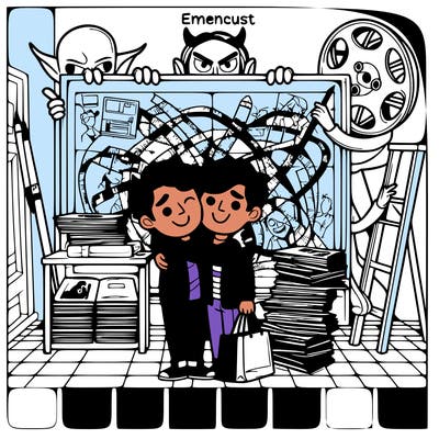 two best friends in a movie store and then david hockey charted and devil stand best friends under them and it's gonna be realistic and they gonna have i really colorful bag on dem and they hug hetherter