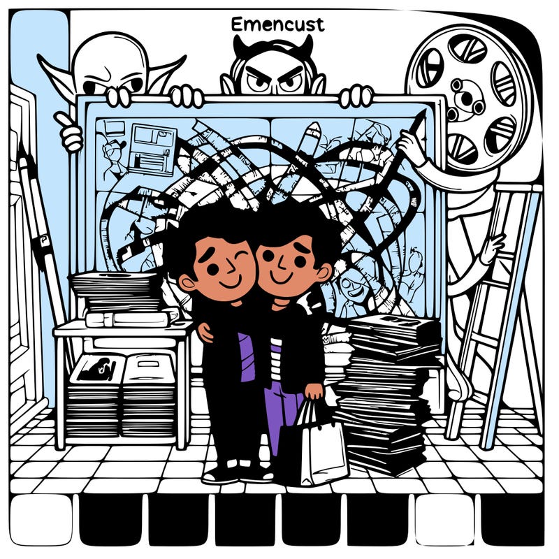 two best friends in a movie store and then david hockey charted and devil stand best friends under them and it's gonna be realistic and they gonna have i really colorful bag on dem and they hug hetherter