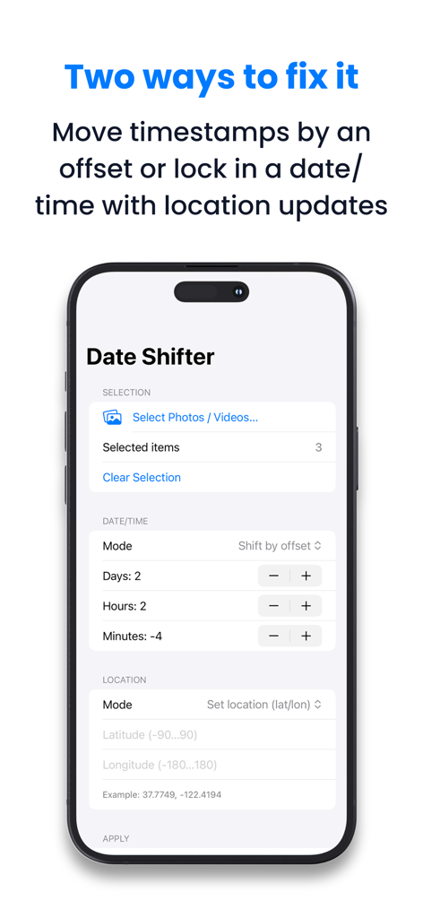 Interface of the Batch Metadata Editor app showing the Date Shifter screen with options to adjust days hours and minutes for multiple photos
