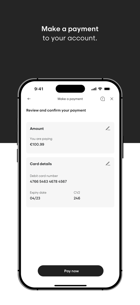 Avant Money - Avant Money app screen showing the payment review and confirmation details with a Pay Now button
