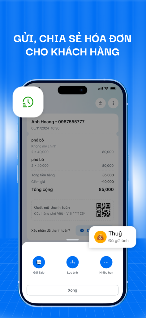 Knote - A smartphone screen of the Knote app displaying a digital invoice with options to share via Zalo and a payment QR code.