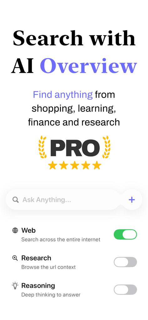 AI Overview: Search Assistant - AI Overview Search Assistant app interface with pro badge and search modes for web research and reasoning