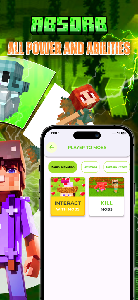 Morph Addons Maker for MCPE - Morph Addons Maker for MCPE app screen showing options to absorb mob powers and abilities