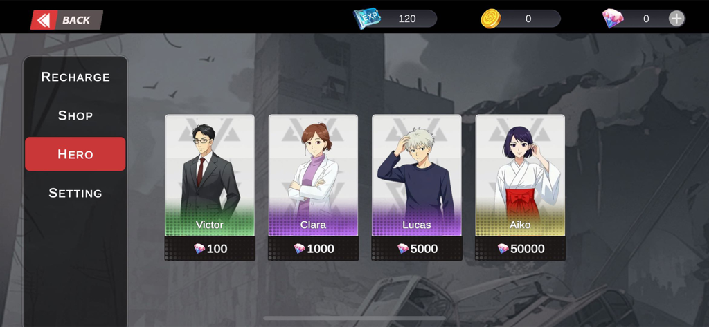 Hero selection screen in Cursebound Black Domain showing character cards for Victor Clara Lucas and Aiko with their respective diamond costs.