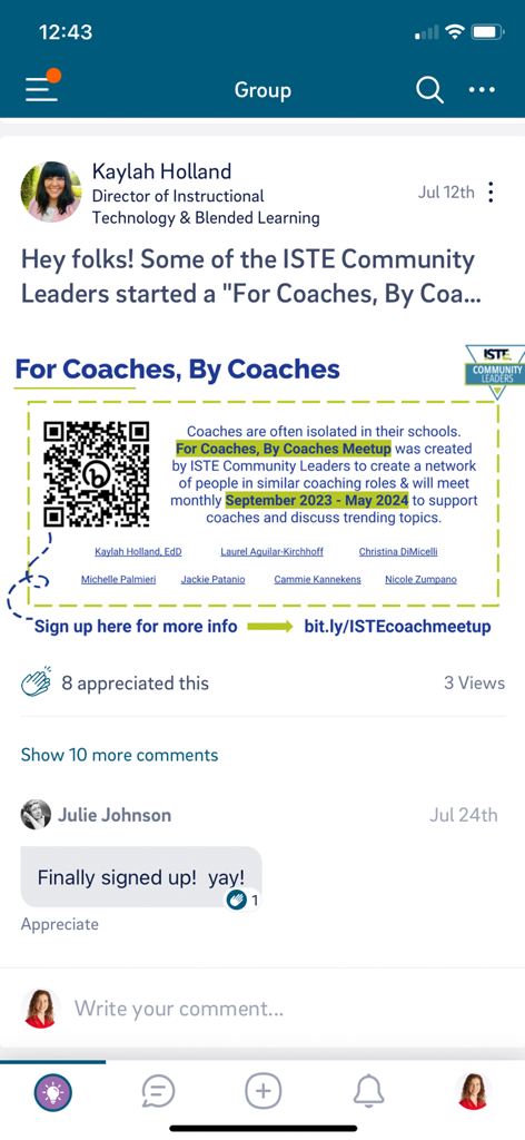 Connect (ASCD+ISTE) - A community post within the Connect ASCD+ISTE app announcing a professional development meetup for educational coaches.