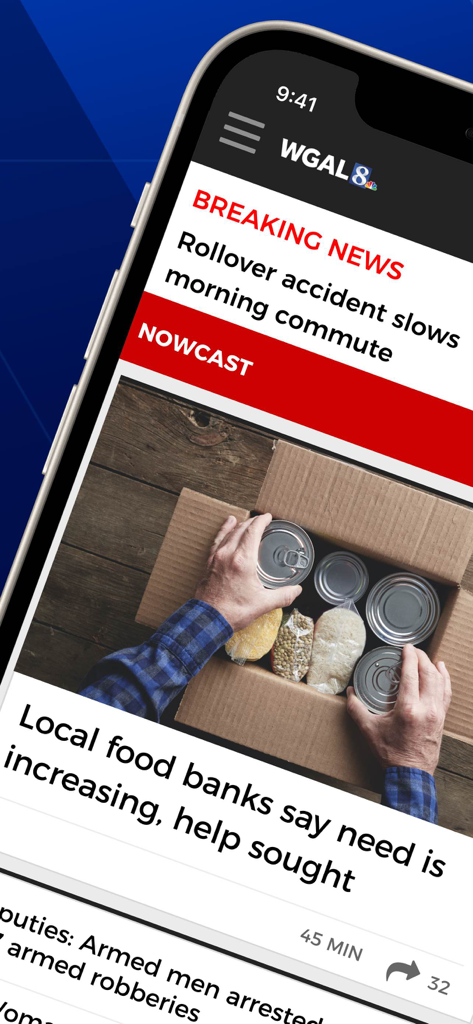 WGAL News 8 - WGAL News 8 mobile app interface displaying local breaking news and community stories