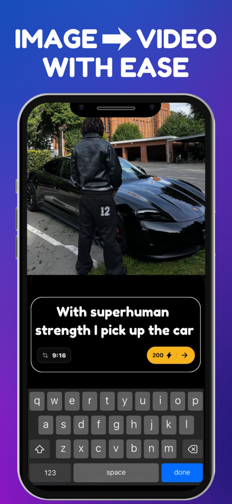 Smartphone screen of Funderated app showing AI video generation from an image using a text prompt
