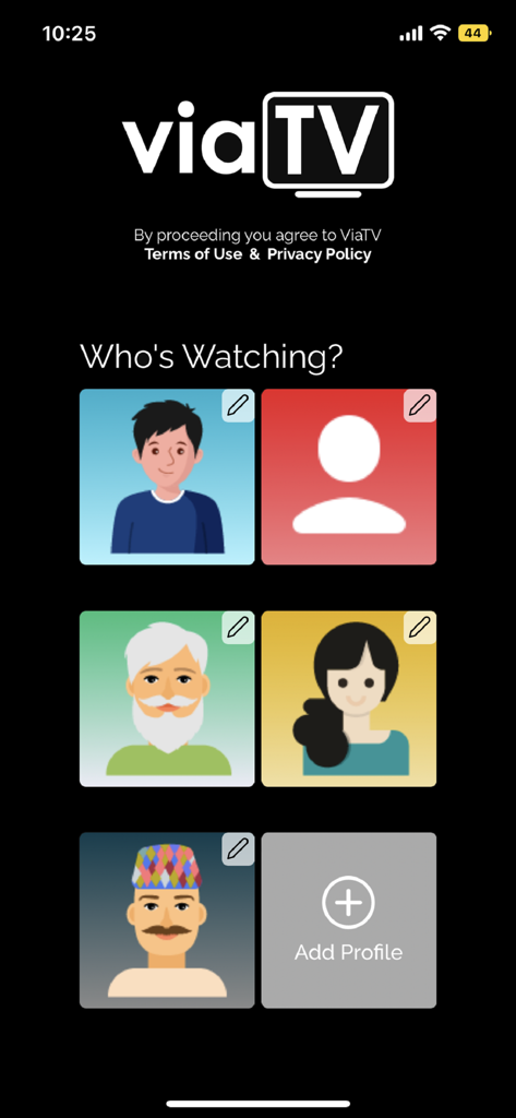 Via TV app profile selection screen with multiple user avatars including a man wearing a traditional Nepalese Dhaka topi