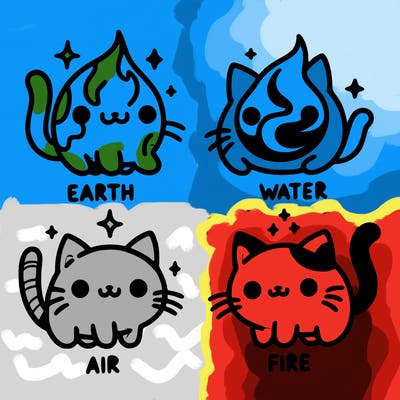 4 cats that represent the different elements, earth, water, air, and fire