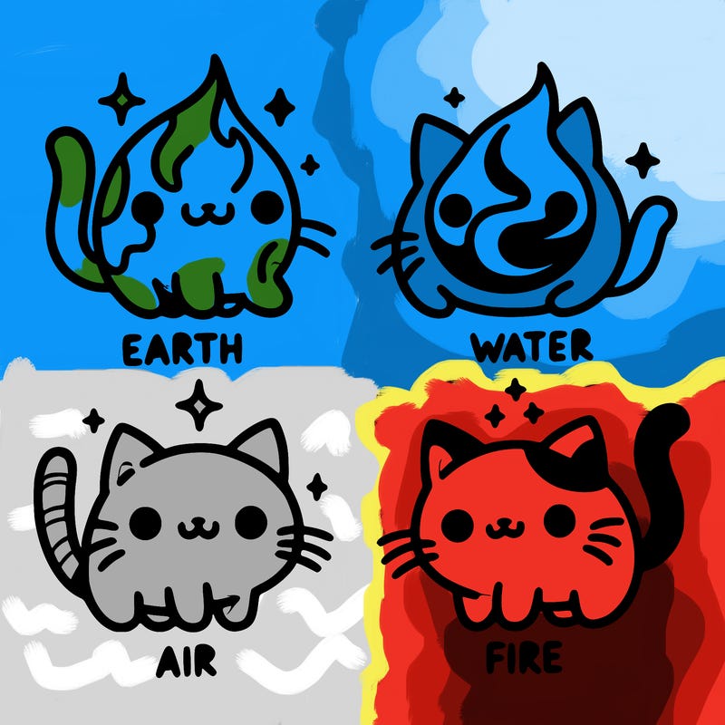 4 cats that represent the different elements, earth, water, air, and fire