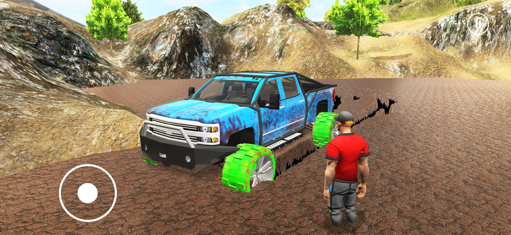 Offroad Driving School 4x4 - A customized blue pickup truck with neon green wheels in a muddy off-road simulation environment