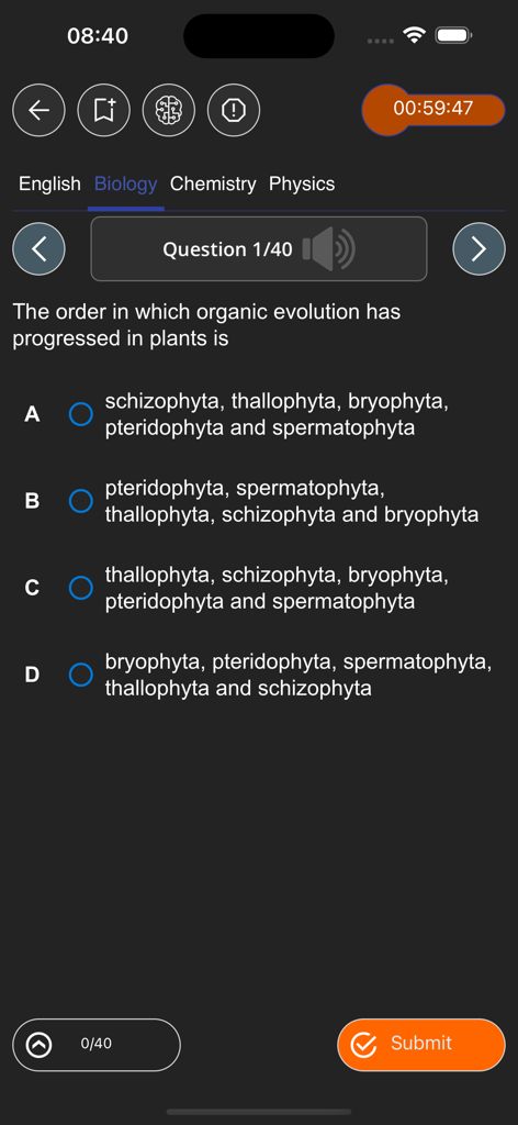 O3SCHOOLS JAMB APP - Pantalla de cuestionario de biología de la aplicación O3SCHOOLS JAMB con una pregunta de opción múltiple sobre la evolución orgánica de las plantas