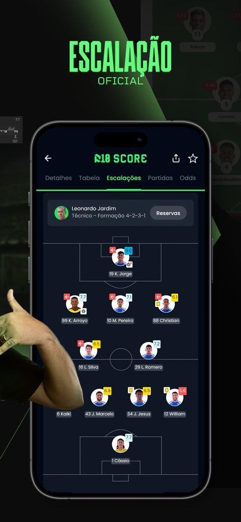 R10 Score - Live Scores - R10 Score app interface displaying an official soccer team lineup and player ratings on a virtual field