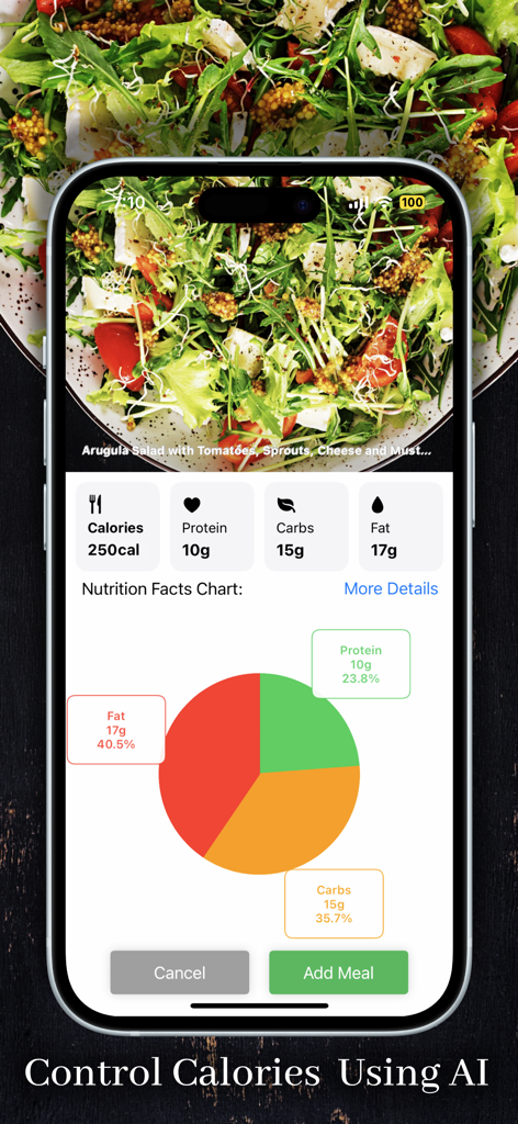 AI Calories Counter - By Photo - AI Calories Counter app interface showing nutritional facts and a macro pie chart for a salad
