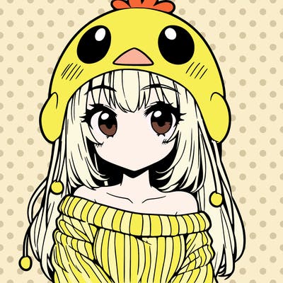 anime girl with chick shaped hat with sweater with bare shoulders with bangs covering them one eye with low tail