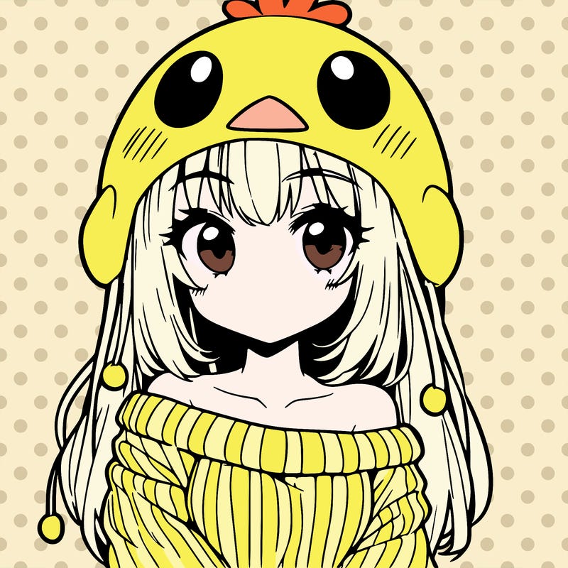 anime girl with chick shaped hat with sweater with bare shoulders with bangs covering them one eye with low tail