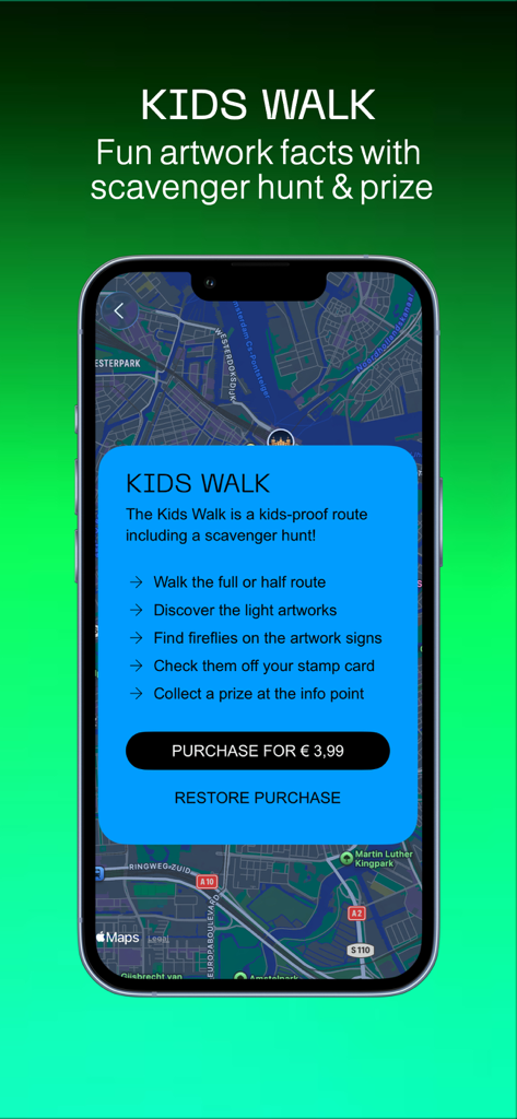 Amsterdam Light Festival - Amsterdam Light Festival app displaying the Kids Walk scavenger hunt and route information