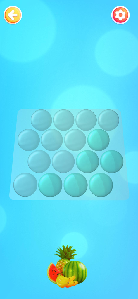 Bubble Pop: Tap Bubbles Game - Gameplay du jeu Bubble Pop avec une grille de bulles turquoise et des icônes de fruits tropicaux.