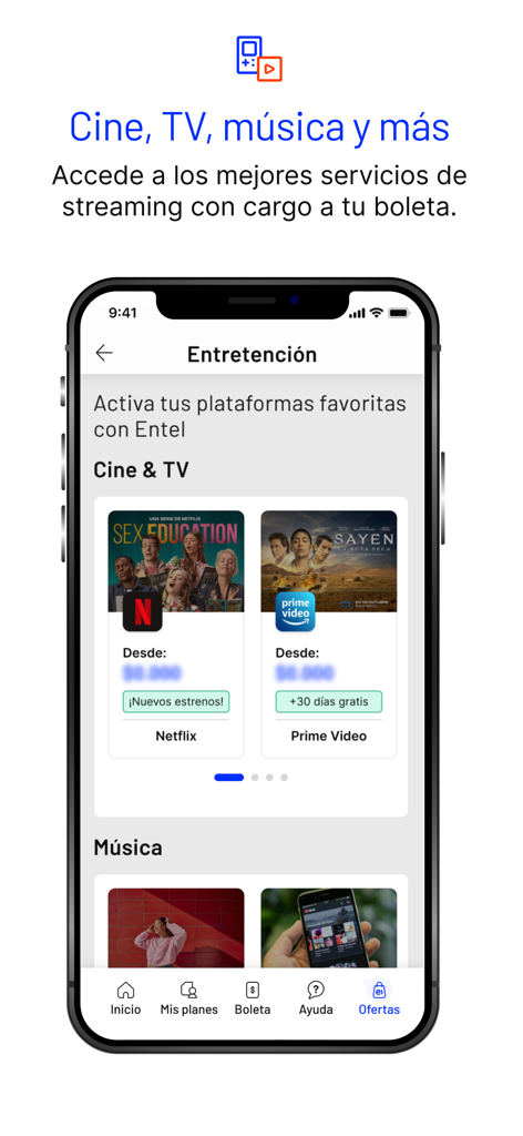 Entel - Interface de l'application Entel pour s'abonner à des services de streaming comme Netflix et Prime Video
