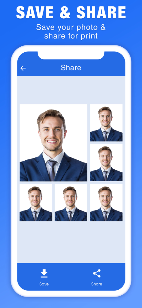 A smartphone screen showing a passport photo app with a grid of ID photos and options to save or share for printing.