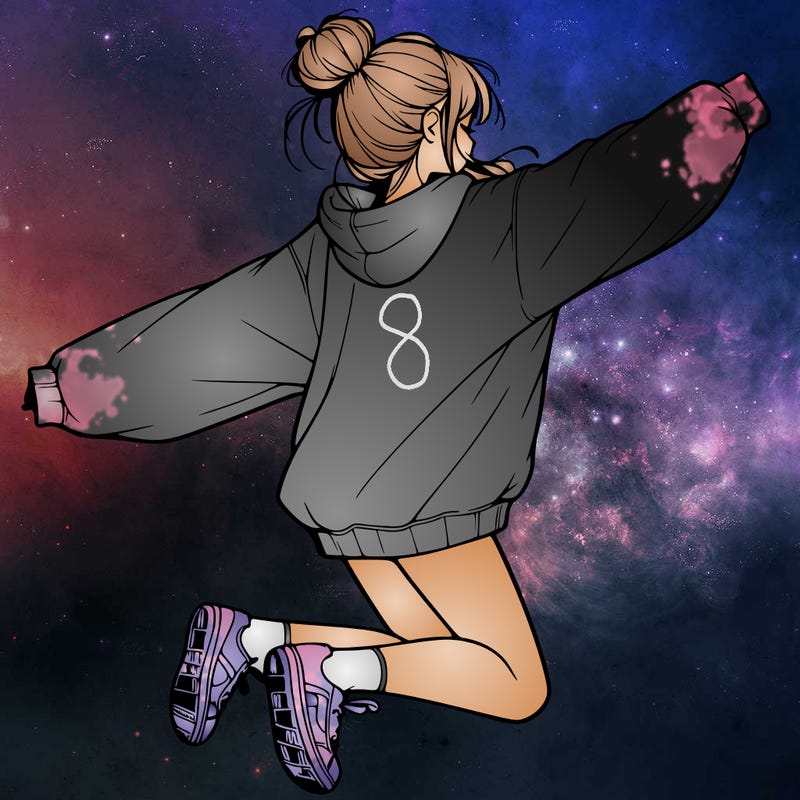 realistic girl jumping with a bun and oversized sweatshirt