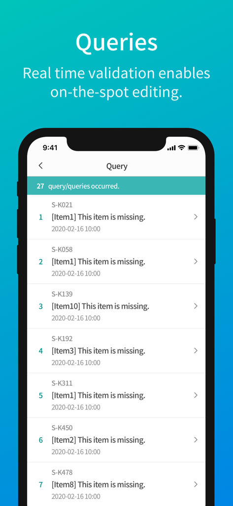 Écran des requêtes LAB.cubePRO montrant la validation des données en temps réel pour les essais cliniques