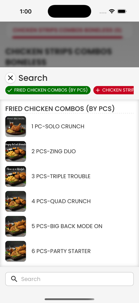 Chick Zing - Pantalla de la aplicación Chick Zing mostrando opciones de combo de pollo frito