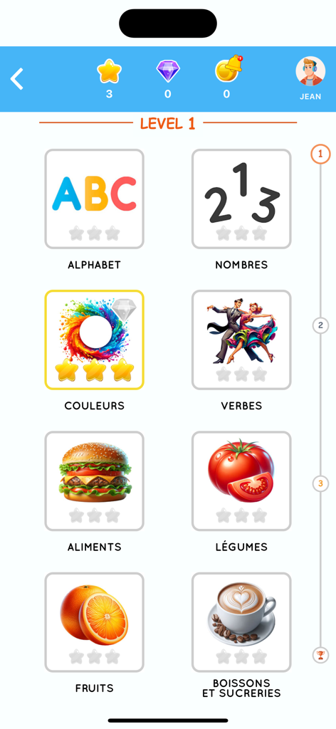 Interface of a French learning app showing Level 1 lesson topics with colorful icons