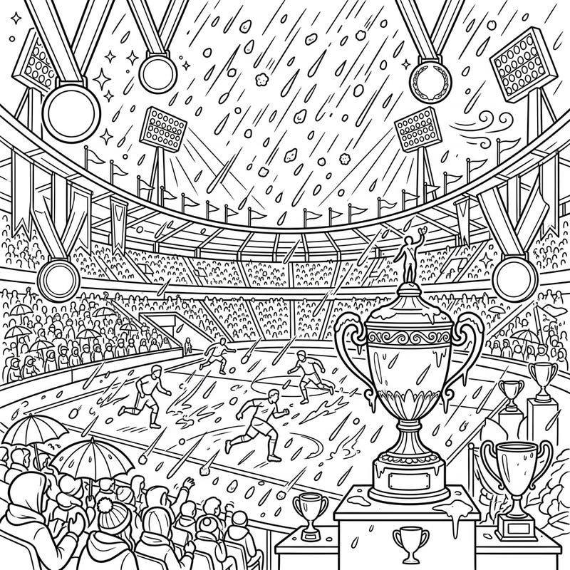 Immerse yourself in the thrilling action of a major sports event, made even more dramatic by a relentless sleet storm. This intricate coloring page invites you to bring this epic stadium scene, complete with players, fans, and gleaming trophies, to life with your favorite colors.