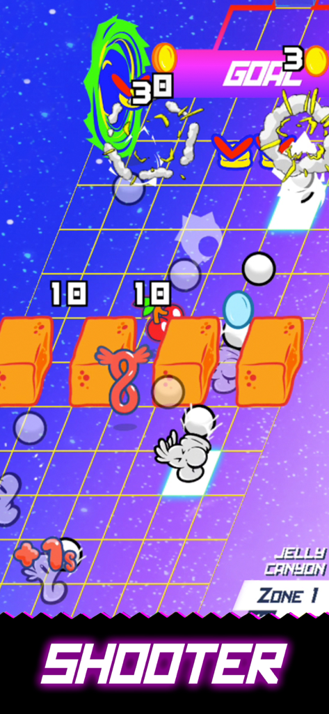 Floyd's Sticker Squad - Gameplay screenshot of Floyds Sticker Squad showing a top down shooter level in Jelly Canyon with retro synthwave graphics.