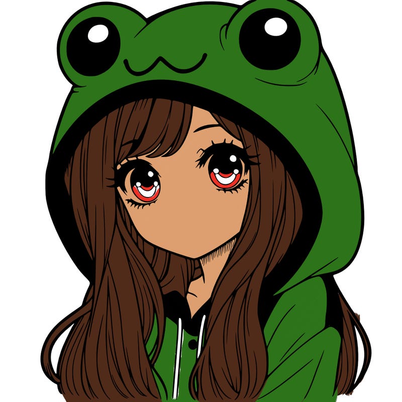 a pretty girl wearing a frog hoodie portrait with long hair